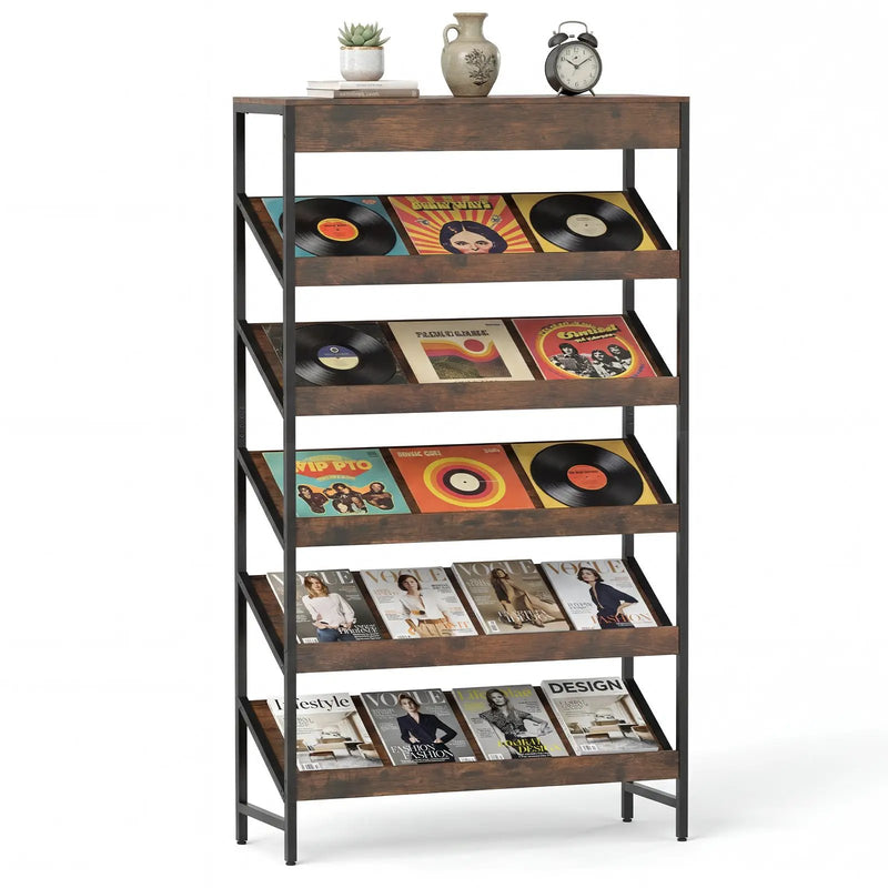 6-Tier Tall Freestanding Bookshelf with Angled Shelves for Home Office-Rustic Brown by DirectDeals