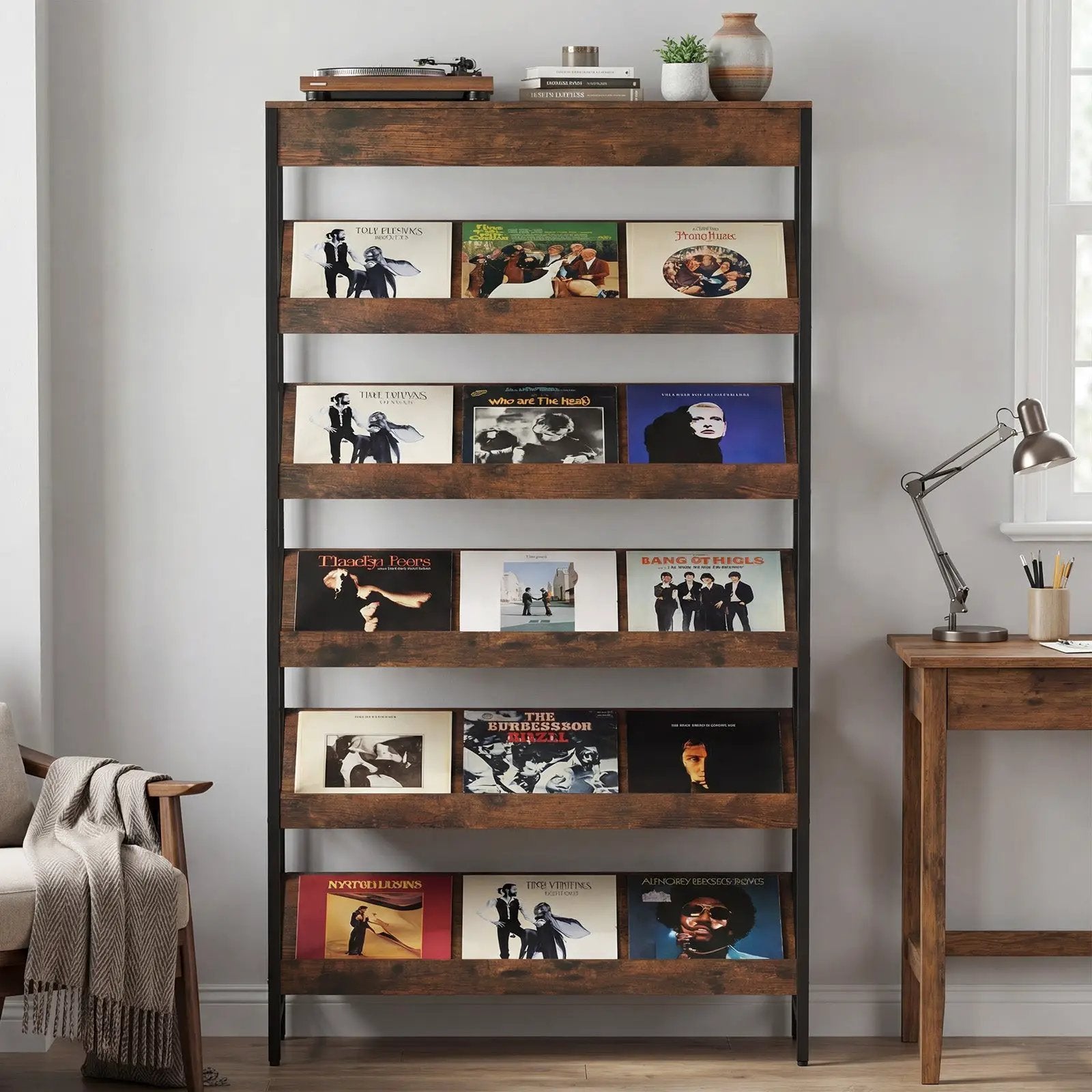 6-Tier Tall Freestanding Bookshelf with Angled Shelves for Home Office-Rustic Brown by DirectDeals