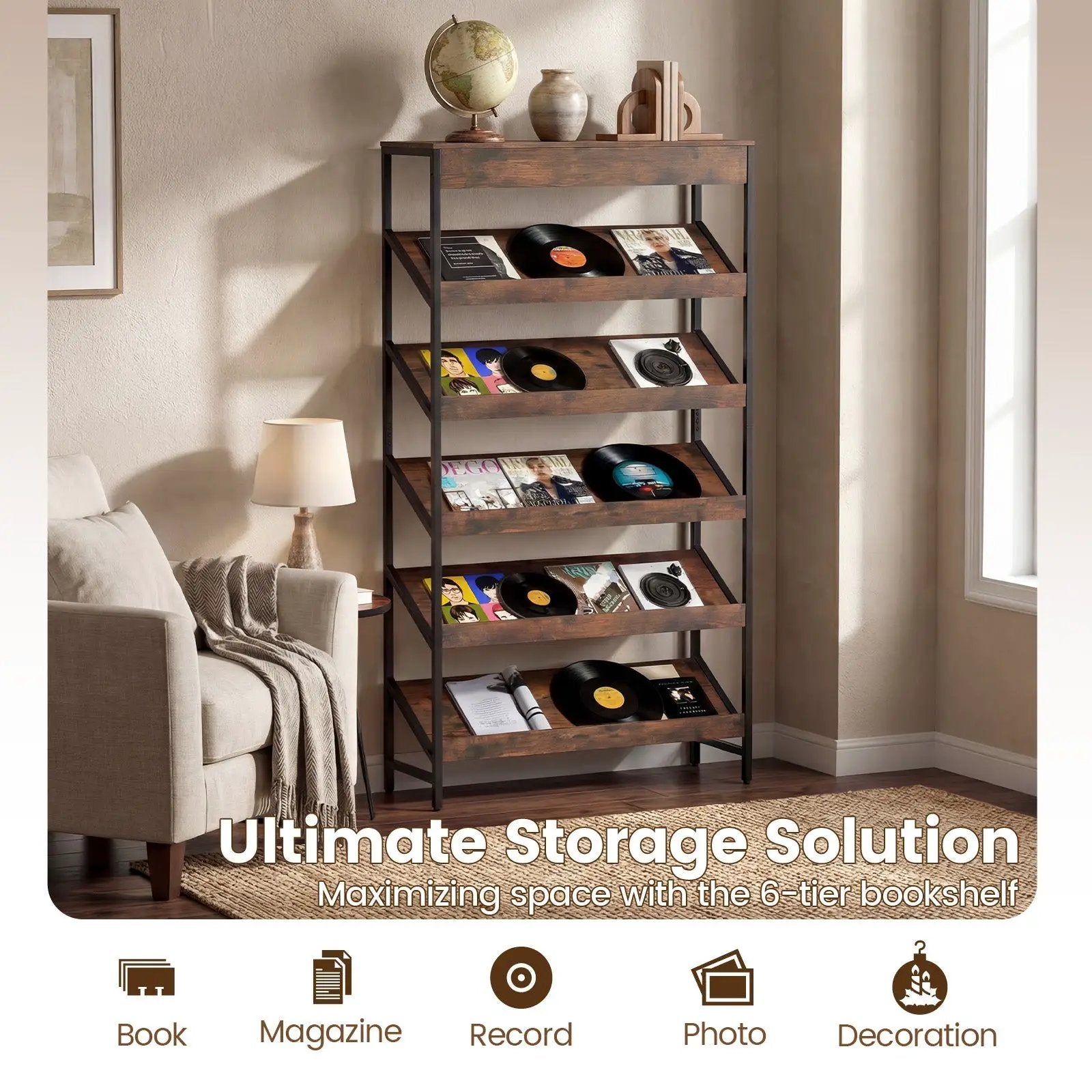 6-Tier Tall Freestanding Bookshelf with Angled Shelves for Home Office-Rustic Brown by DirectDeals