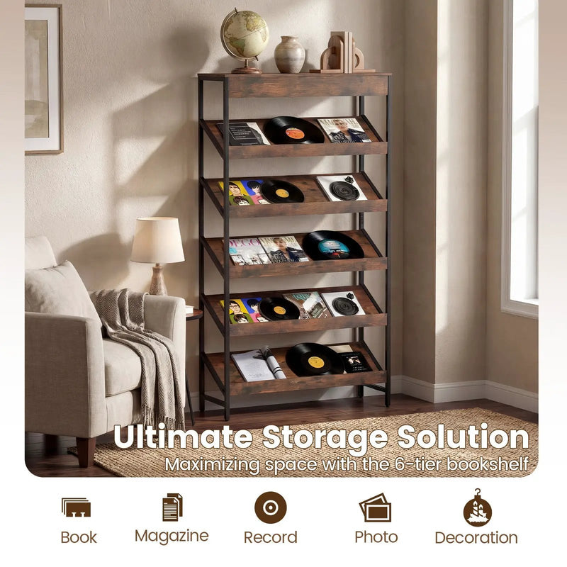 6-Tier Tall Freestanding Bookshelf with Angled Shelves for Home Office-Rustic Brown by DirectDeals