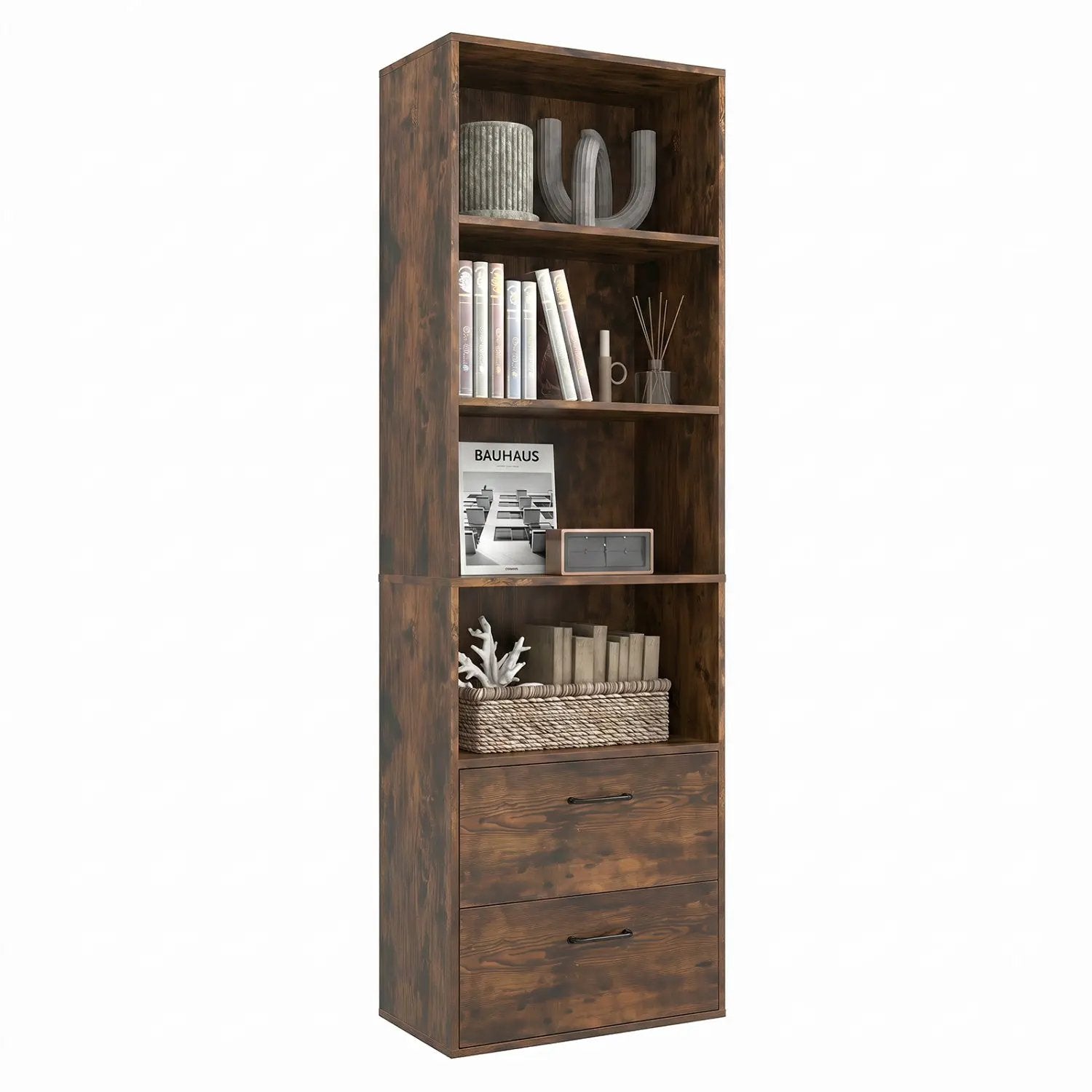 6-Tier Tall Bookshelf with Drawers - Rustic Brown by DirectDeals