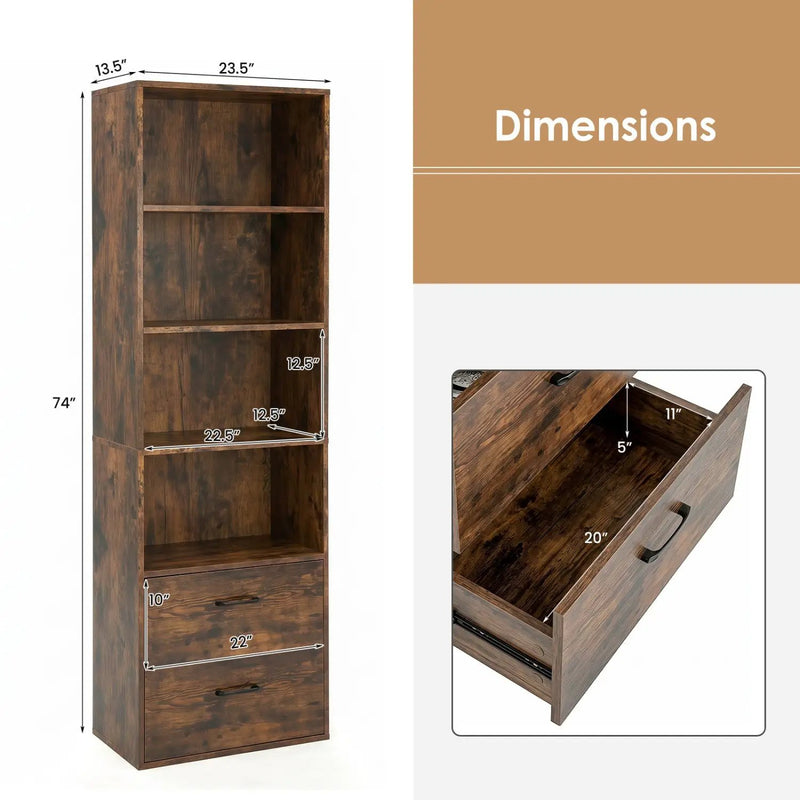 6-Tier Tall Bookshelf with Drawers - Rustic Brown by DirectDeals