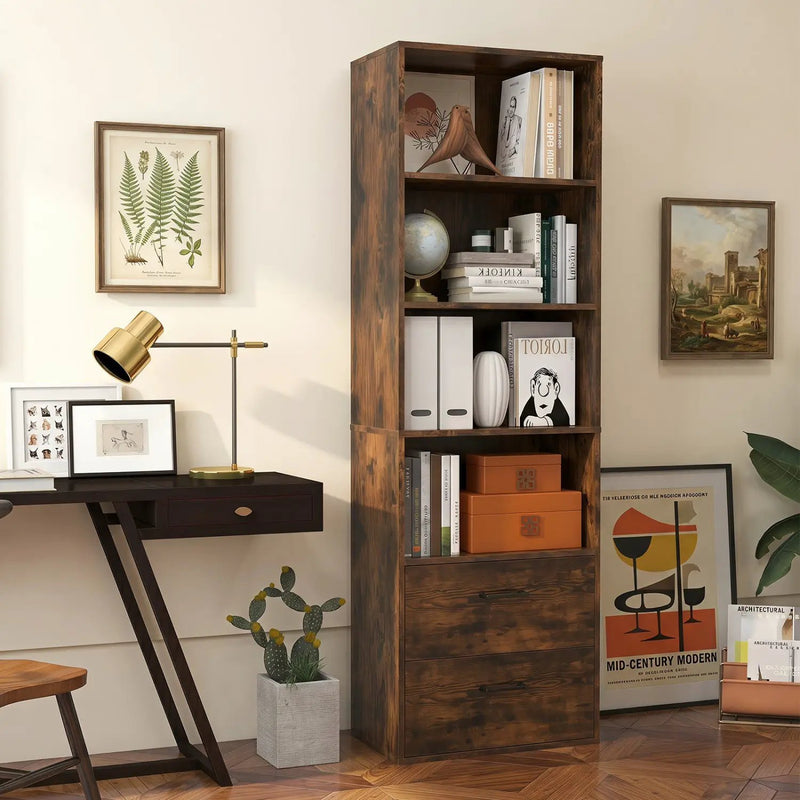 6-Tier Tall Bookshelf with Drawers - Rustic Brown by DirectDeals