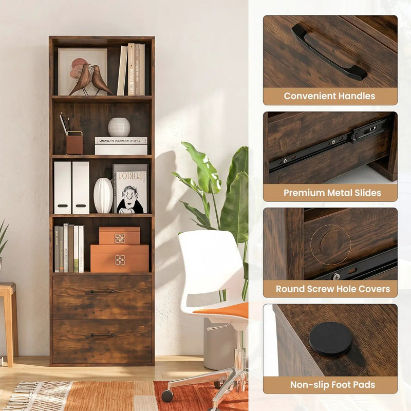 6-Tier Tall Bookshelf with Drawers - Rustic Brown by DirectDeals