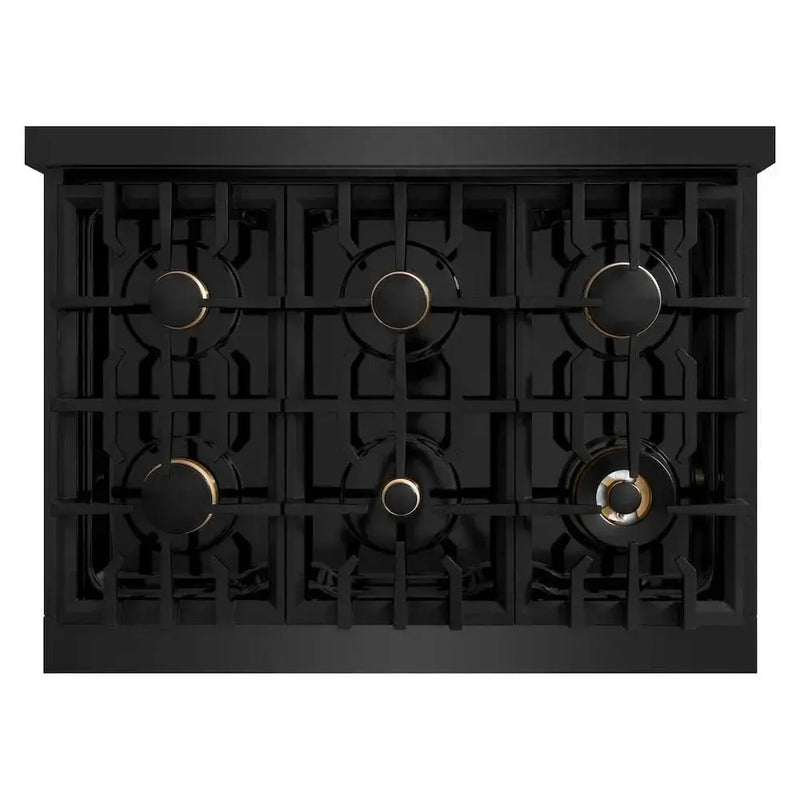 ZLINE 36" Dual Fuel Range, Gas Cooktop, Electric Convection Oven Black Stainless Steel, Champagne Bronze CDRBZ-36-CB by Farmhouse Kitchen and Bath
