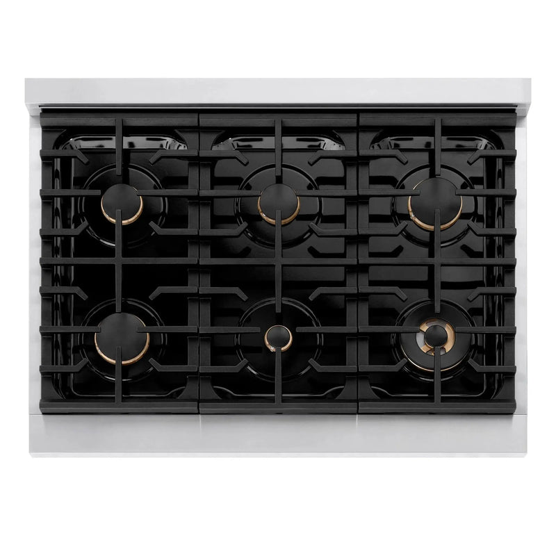 ZLINE 36"Paramount Dual Fuel Range White Matte Champagne Bronze SDRZ-WM-36-CB by Farmhouse Kitchen and Bath