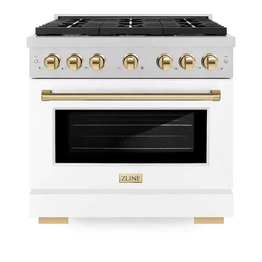 ZLINE 36"Gas Range, Convection Gas Oven, DuraSnow® White Matte, Gold SGRSZ-WM-36-G by Farmhouse Kitchen and Bath