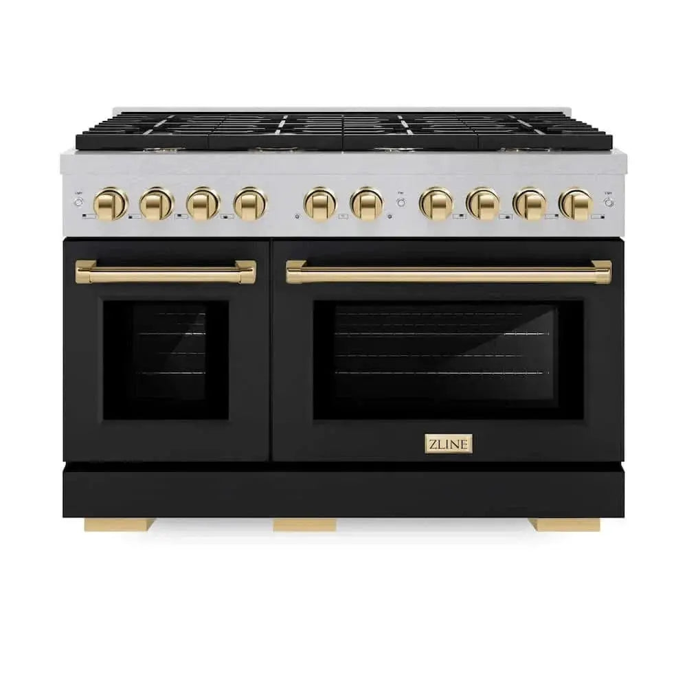 ZLINE 48"Gas Range, Convection Gas Oven, DuraSnow® Black Matte, Gold SGRSZ-BLM-48-G by Farmhouse Kitchen and Bath
