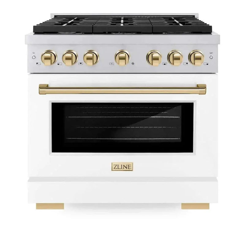 ZLINE 36"Gas Range, Convection Oven White, Gold, SGRZ-WM-36-G by Farmhouse Kitchen and Bath