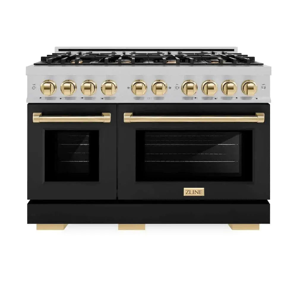 ZLINE 48" Select Dual Fuel Range Gas Cooktop Electric Convection Oven DuraSnow® Stainless Steel Black Matte Door Gold HDRSZ-BLM-48-G by Farmhouse Kitchen and Bath