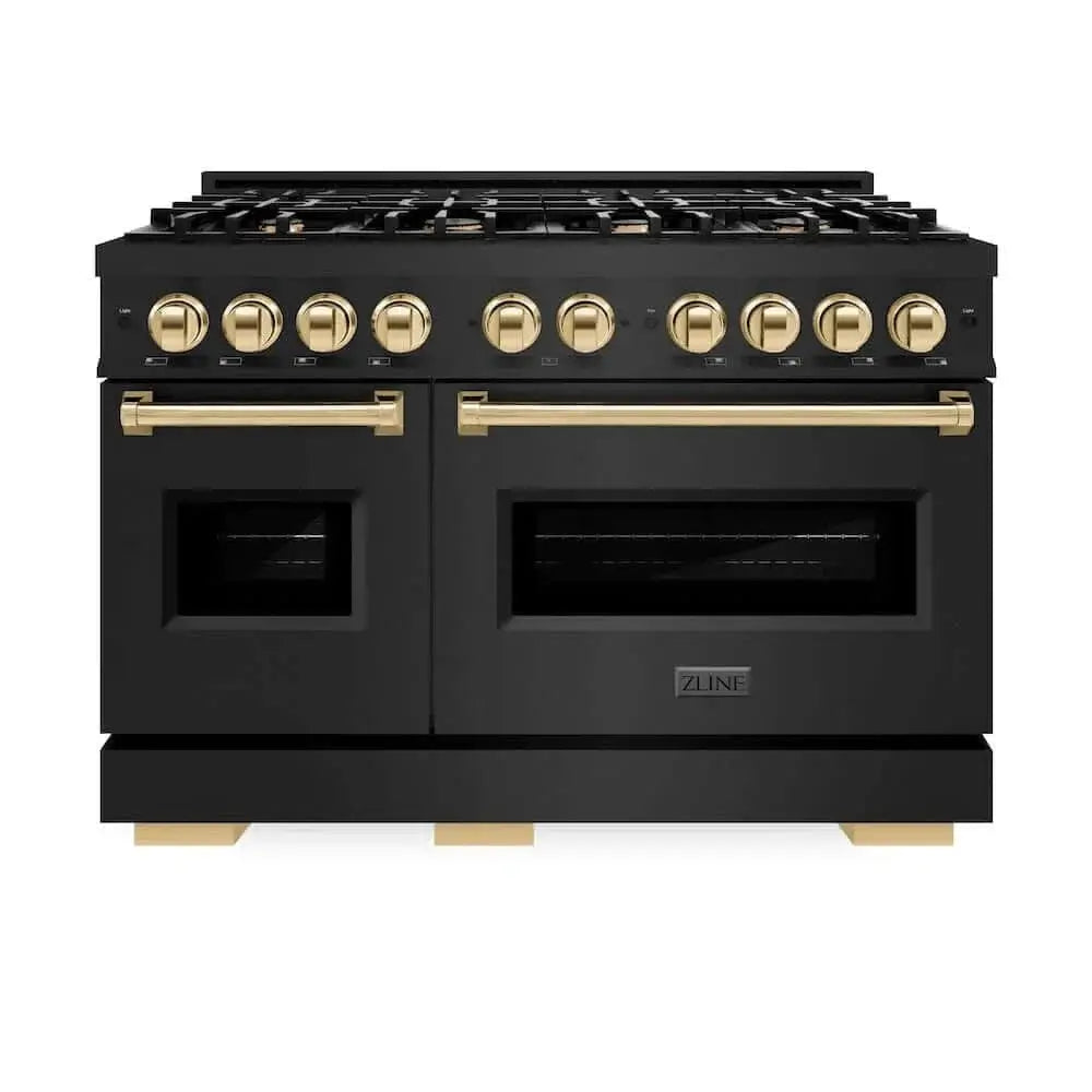 ZLINE 48" Classic Gas Range, Convection Gas Oven Black Stainless Steel, Gold CGRBZ-48-G by Farmhouse Kitchen and Bath