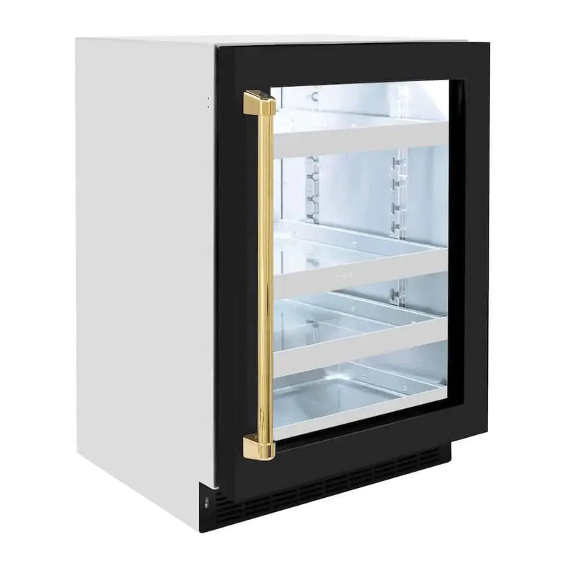 ZLINE 24" Touchstone 151 Can Beverage Fridge Black Matte Glass Door Gold RBSOZ-BLM-24-G by Farmhouse Kitchen and Bath