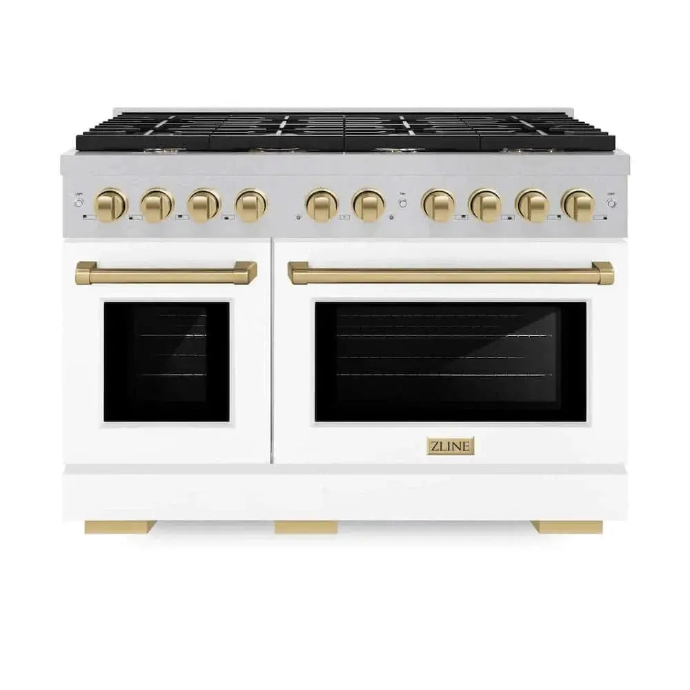 ZLINE 48"Gas Range, Convection Gas Oven, DuraSnow® White Matte, Champagne Bronze SGRSZ-WM-48-CB by Farmhouse Kitchen and Bath