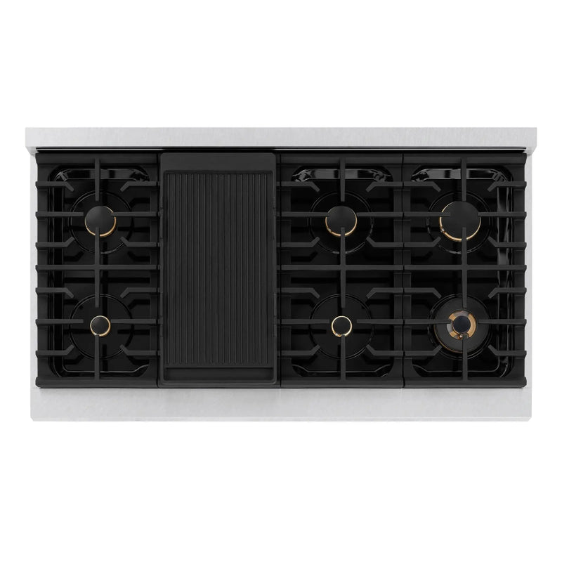 ZLINE 48"Paramount Dual Fuel Range DuraSnow® Black Matte, Gold SDRSZ-BLM-48-G by Farmhouse Kitchen and Bath
