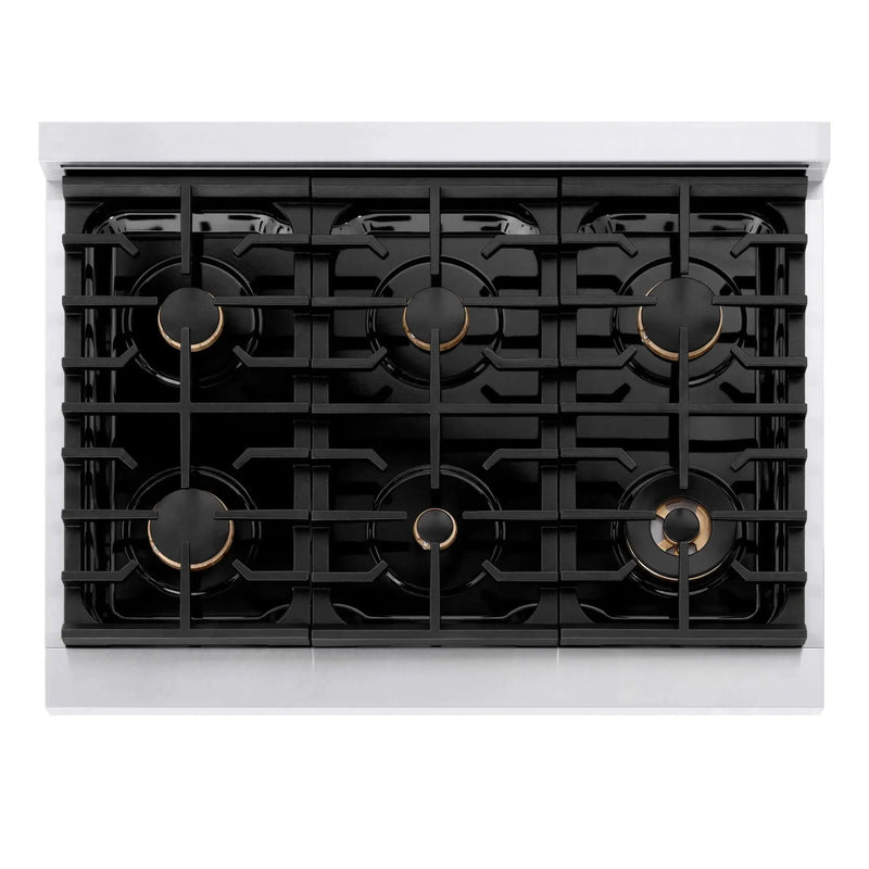 ZLINE 36"Paramount Dual Fuel Range DuraSnow® White Matte, Gold SDRSZ-WM-36-G by Farmhouse Kitchen and Bath