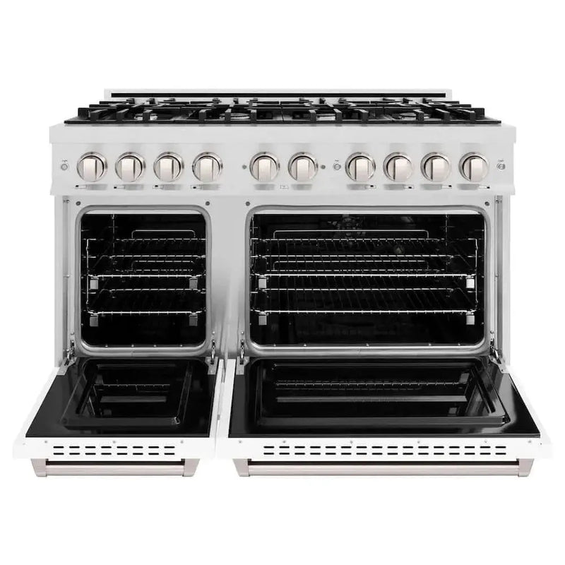 ZLINE 48" Dual Fuel Range, Gas Cooktop, Electric Convection Oven DuraSnow® Stainless Steel, White Matte Door CDRS-WM-48 by Farmhouse Kitchen and Bath