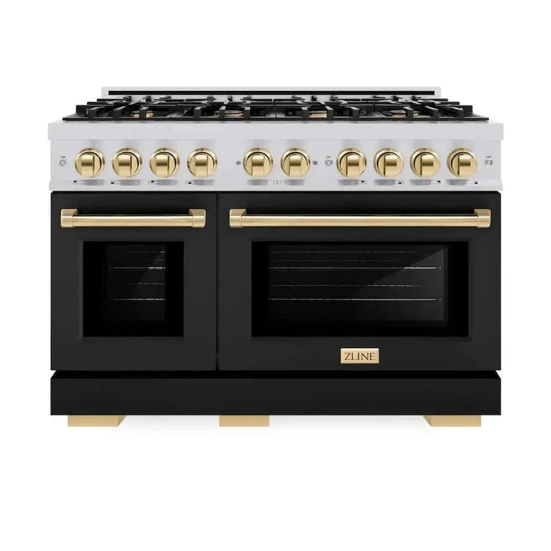 ZLINE 48" Select Dual Fuel Range Gas Cooktop Electric Convection Oven Stainless Steel Black Matte Doors Gold HDRZ-BLM-48-G by Farmhouse Kitchen and Bath
