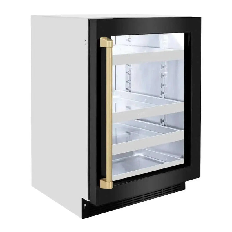 ZLINE 24" Touchstone 151 Can Beverage Fridge Black Stainless Steel Glass Door Champagne Bronze Handle RBSOZ-BS-24-CB by Farmhouse Kitchen and Bath