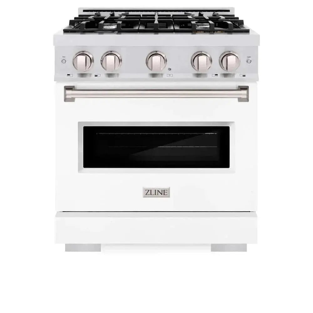 ZLINE 30" Dual Fuel Range, Gas Cooktop, Electric Convection Oven DuraSnow® Stainless Steel, White Matte Door CDRS-WM-30 by Farmhouse Kitchen and Bath