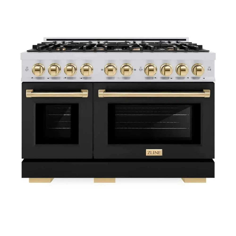 ZLINE 48" Select Gas Range Convection Gas Oven Stainless Steel Black Matte Doors Gold HGRZ-BLM-48-G by Farmhouse Kitchen and Bath