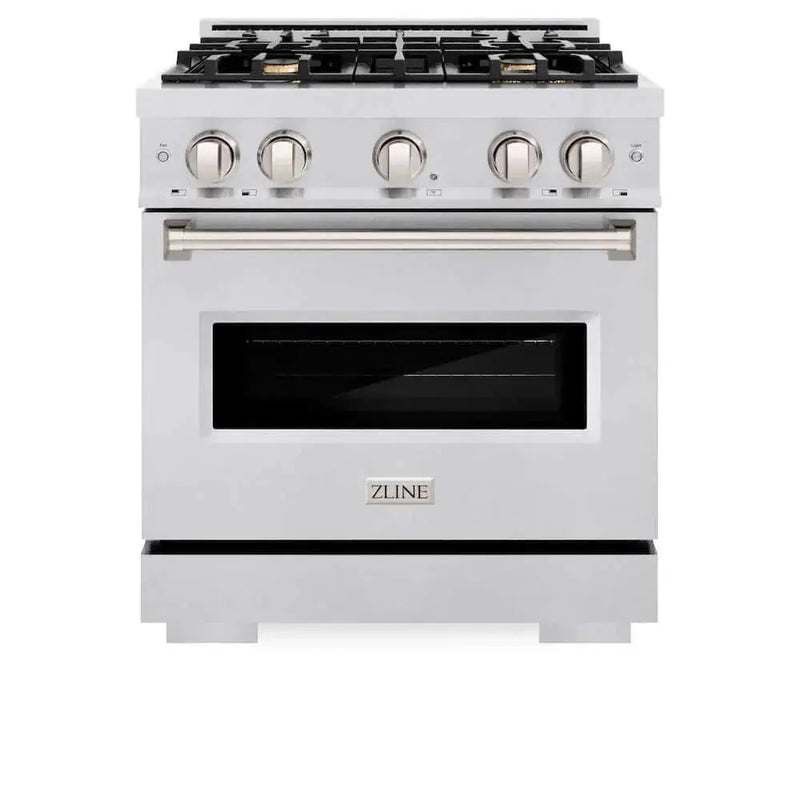 ZLINE 30" Dual Fuel Range, Gas Cooktop, Electric Convection Oven DuraSnow® Stainless Steel, Brass Burners CDRS-BR-30 by Farmhouse Kitchen and Bath