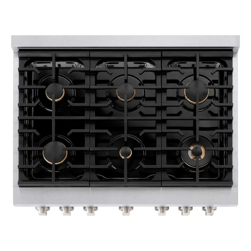 ZLINE 36"Paramount Dual Fuel Range DuraSnow® Brass Burners SDRS-BR-36 by Farmhouse Kitchen and Bath