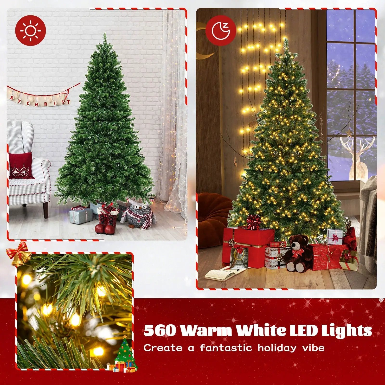 6/7/8 Feet Hinged Christmas Tree with PVC Branch Tips Warm White LED Lights by DirectDeals