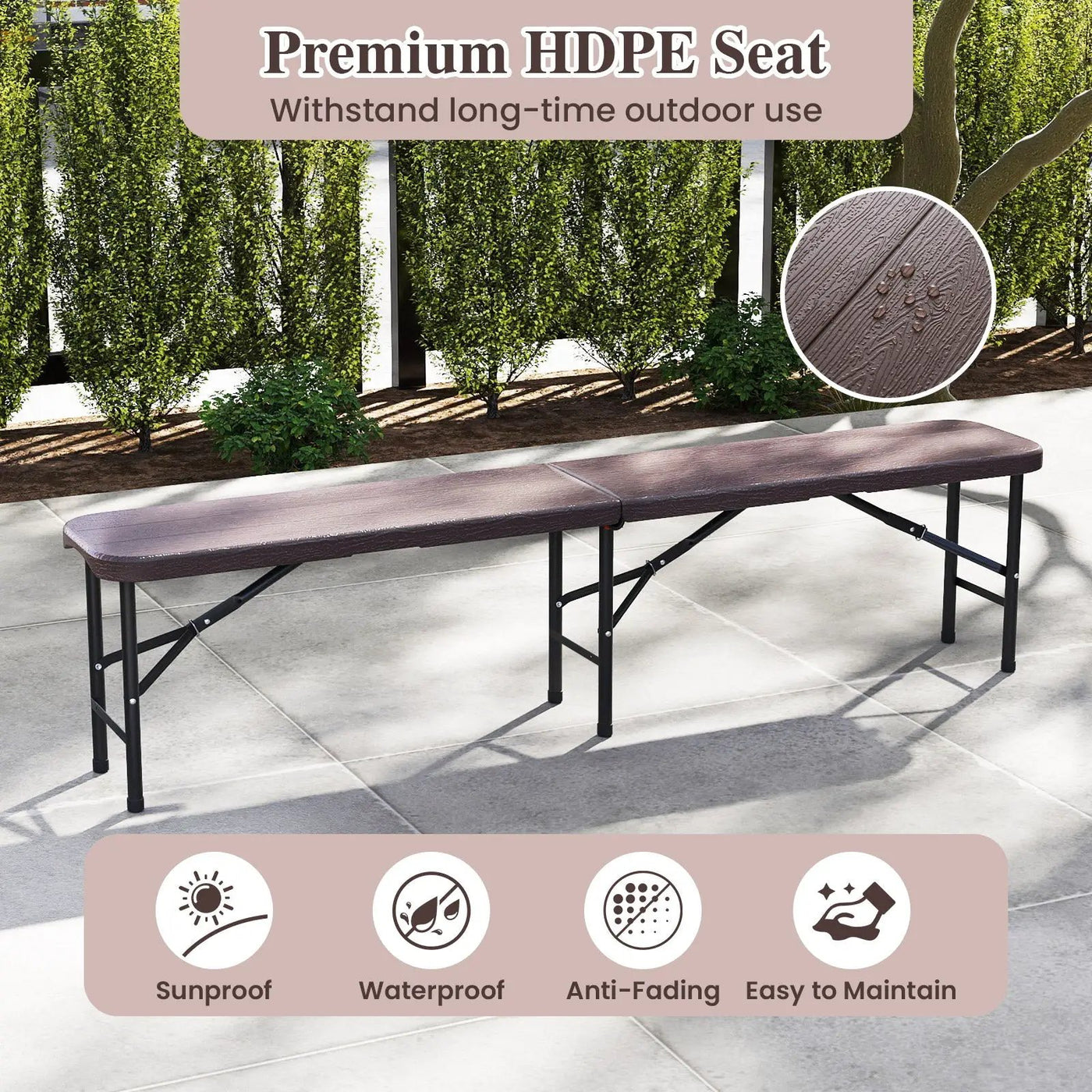 6 Feet Folding HDPE Bench with 1320 LBS Capacity and Handle Lock by DirectDeals
