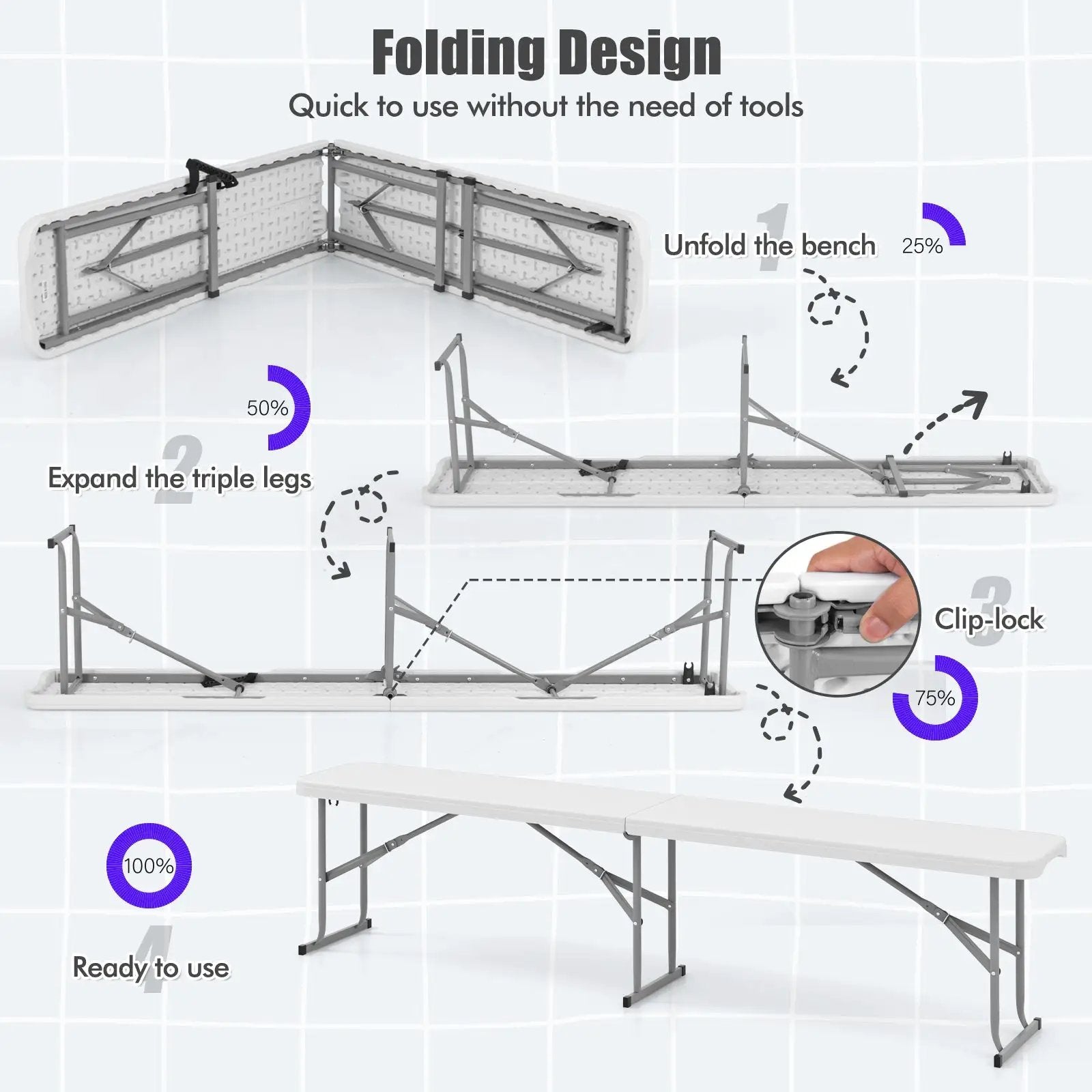 6 Feet Plastic Folding Bench Picnic Camping Dining Seat with Carrying Handle-White by DirectDeals