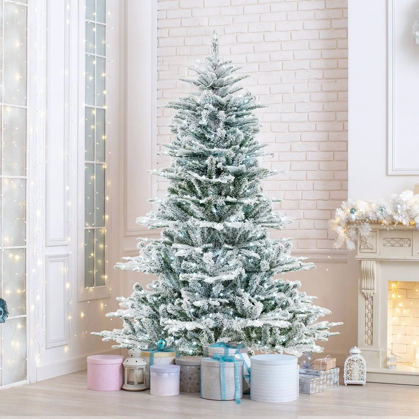 6 Feet Snow Flocked Artificial Christmas Tree with Cool White LED Lights by DirectDeals
