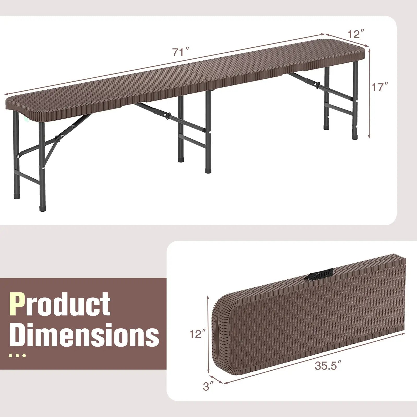 6 ft Plastic Folding Bench with 1320 LBS Capacity and Handle-Brown by DirectDeals
