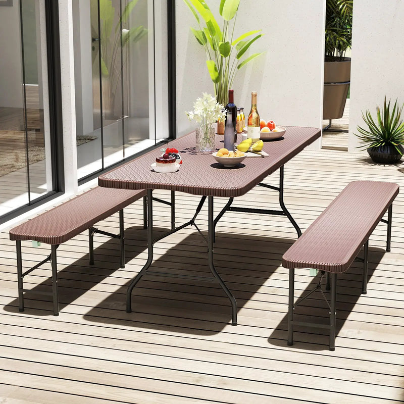 6 ft Portable Folding Table with Rattan-Like HDPE Tabletop and Safe Lock Mechanism-Brown by DirectDeals