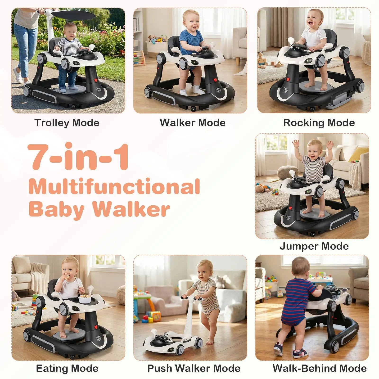 6-in-1 Baby Walker with Canopy Portable Activity Center Bouncer Rocker Combo with Music by DirectDeals