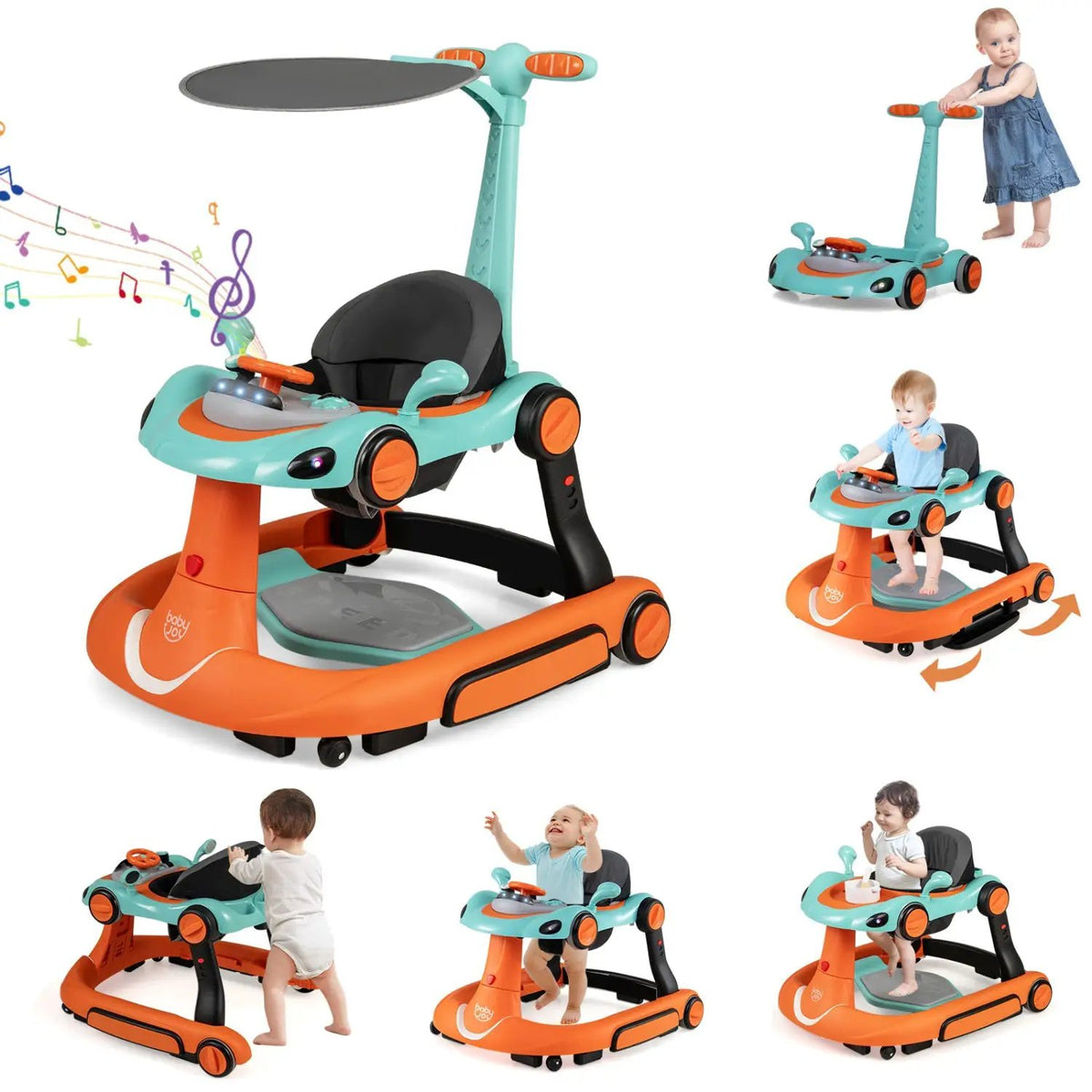 6-in-1 Baby Walker with Canopy Portable Activity Center Bouncer Rocker Combo with Music by DirectDeals