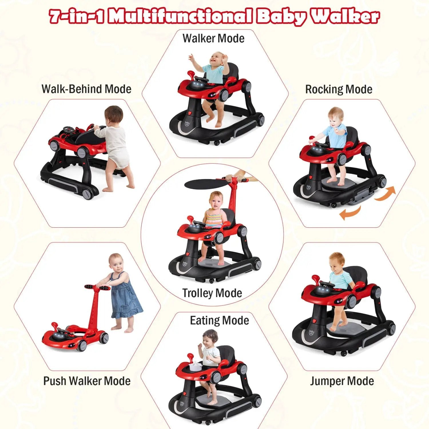6-in-1 Baby Walker with Canopy Portable Activity Center Bouncer Rocker Combo with Music by DirectDeals