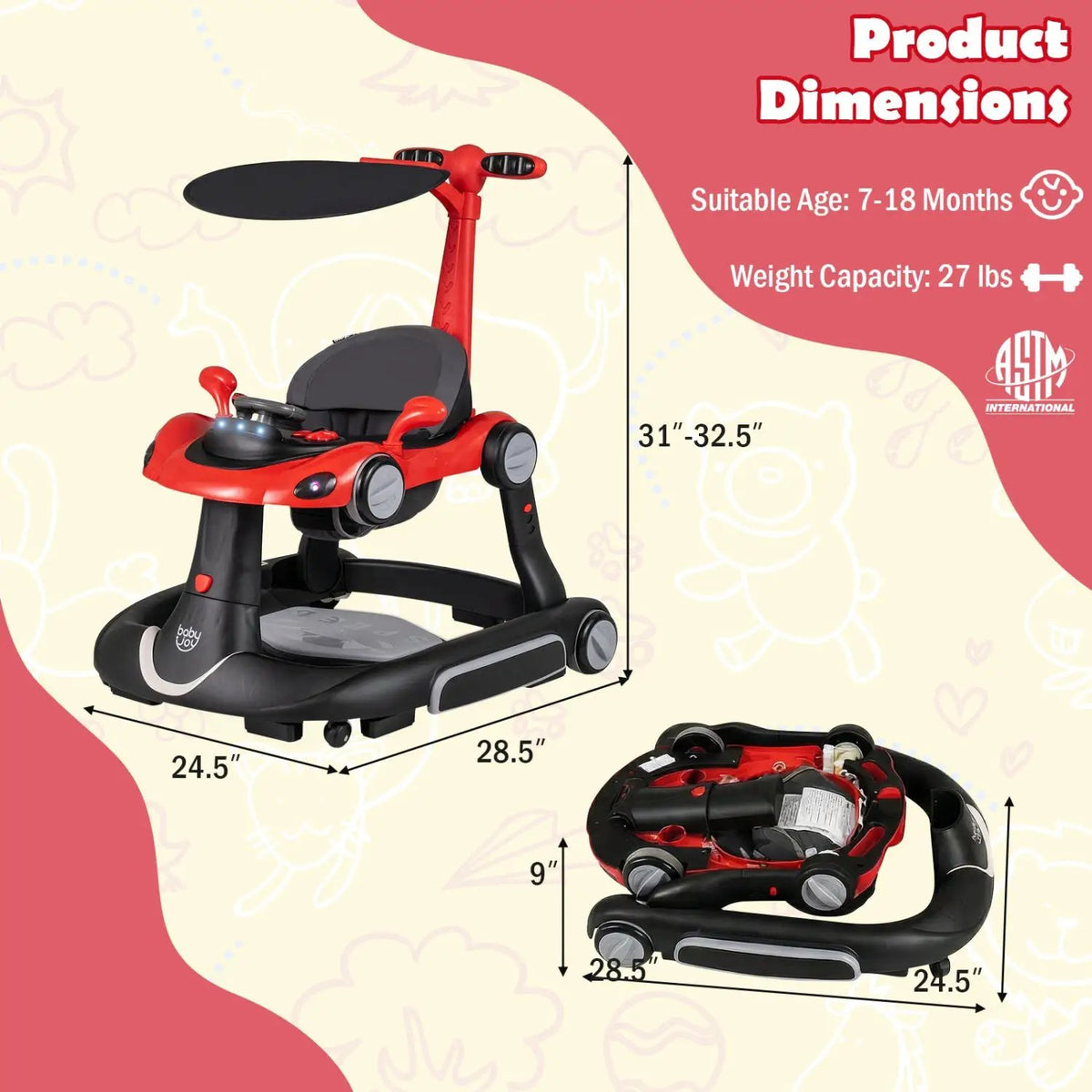6-in-1 Baby Walker with Canopy Portable Activity Center Bouncer Rocker Combo with Music by DirectDeals