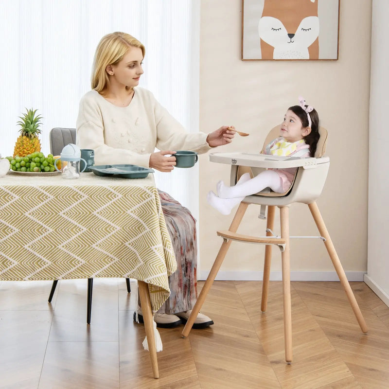 6-in-1 Convertible Wooden Highchair with Safety Harness and Adjustable Legs-Light Brown by DirectDeals