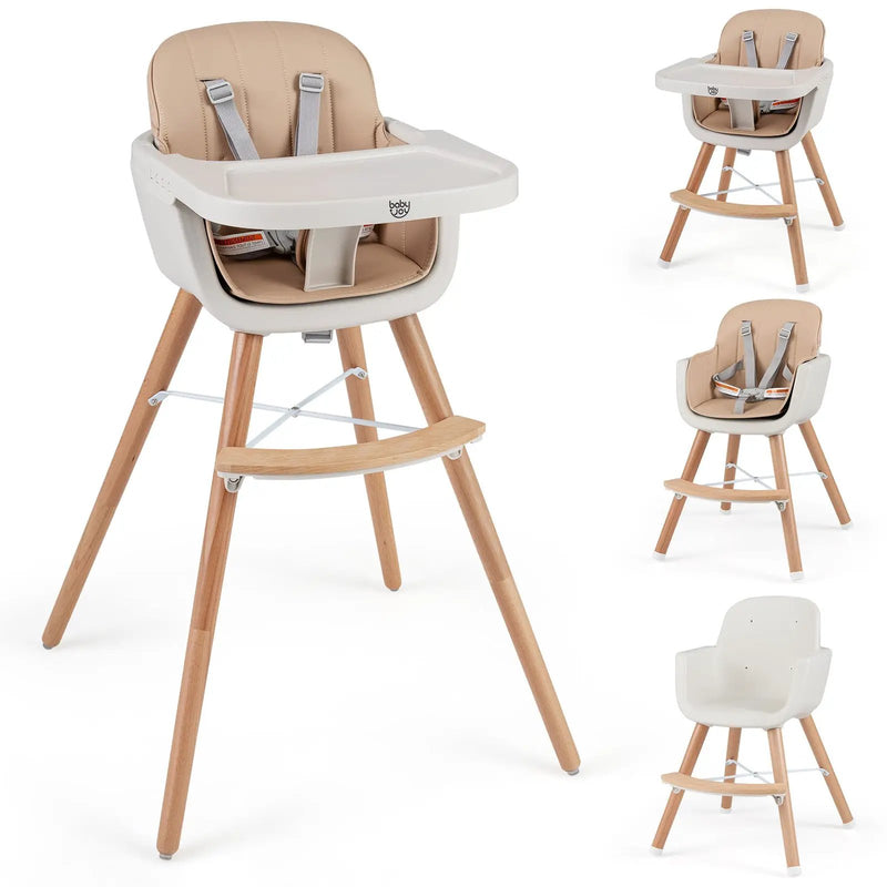 6-in-1 Convertible Wooden Highchair with Safety Harness and Adjustable Legs-Light Brown by DirectDeals