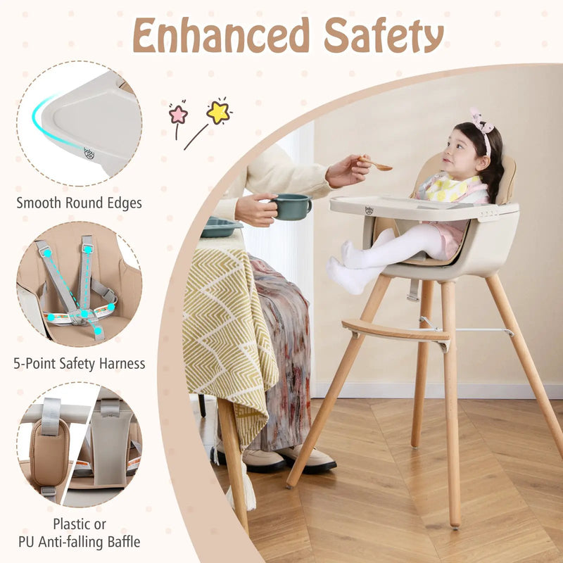 6-in-1 Convertible Wooden Highchair with Safety Harness and Adjustable Legs-Light Brown by DirectDeals