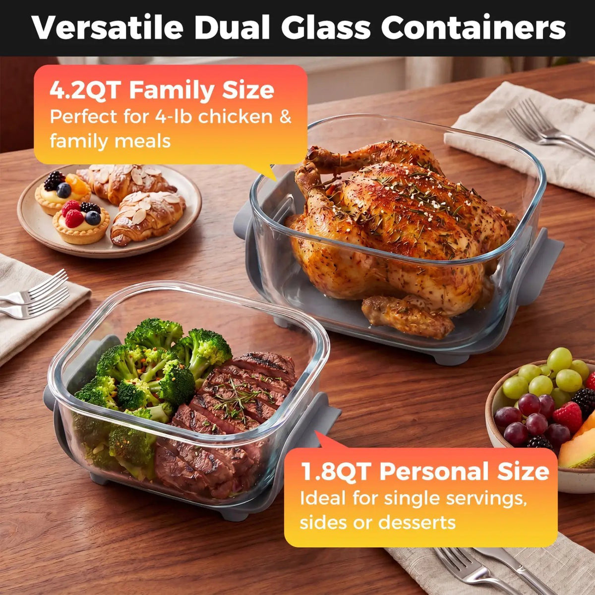 6-in-1 Portable Glass Air Fryer 1500W Dual Containers with Lids Dishwasher Safe by DirectDeals