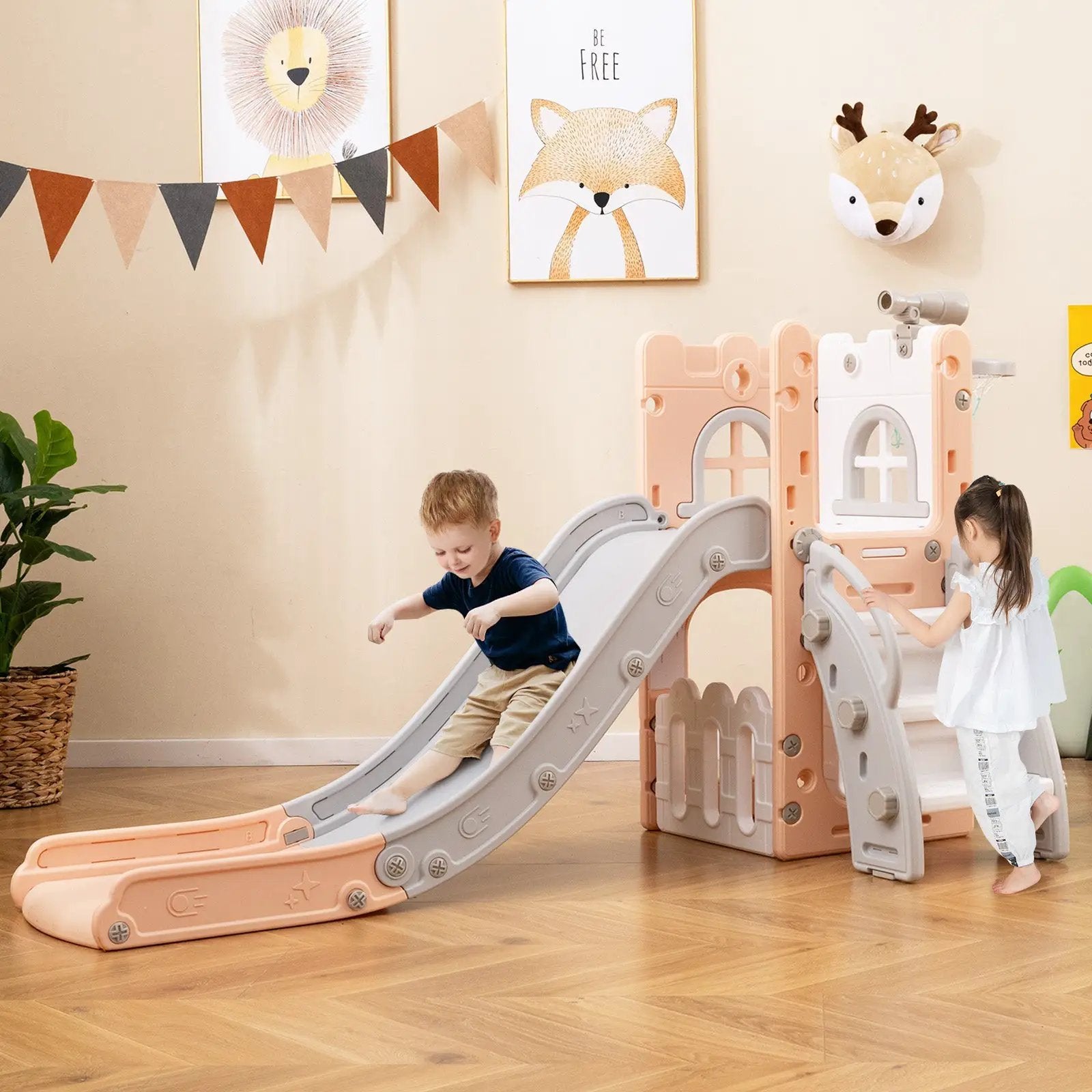 6-in-1 Toddler Slide L-shaped Playground with Basketball Hoop and Ladder by DirectDeals
