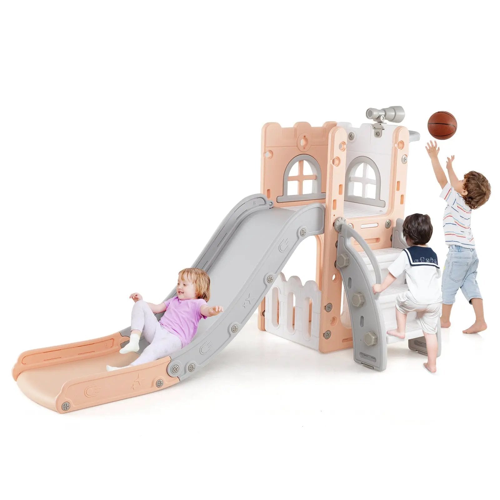 6-in-1 Toddler Slide L-shaped Playground with Basketball Hoop and Ladder by DirectDeals