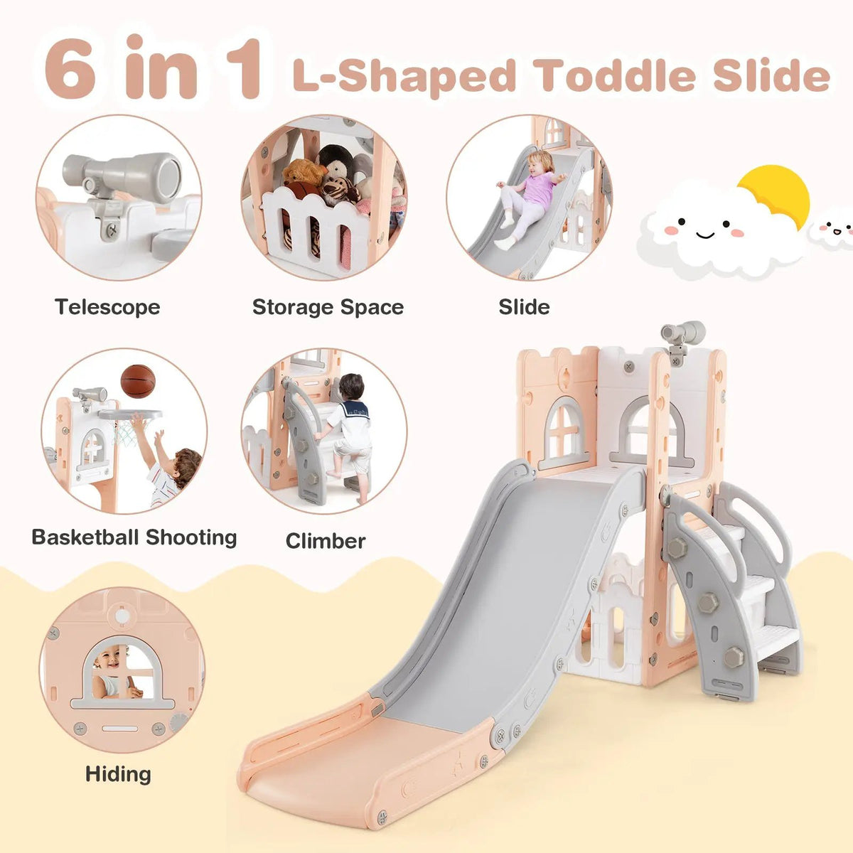 6-in-1 Toddler Slide L-shaped Playground with Basketball Hoop and Ladder by DirectDeals