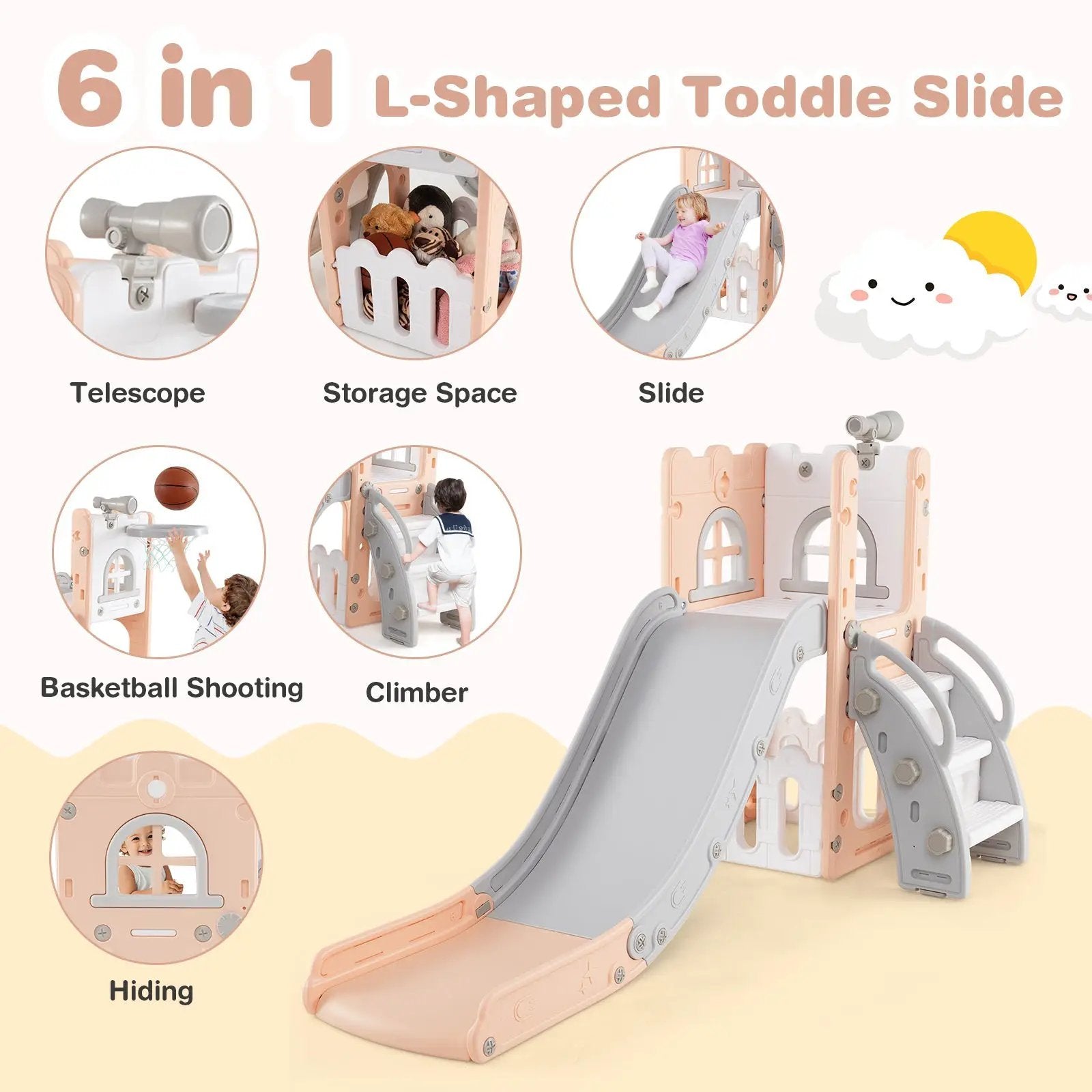 6-in-1 Toddler Slide L-shaped Playground with Basketball Hoop and Ladder by DirectDeals