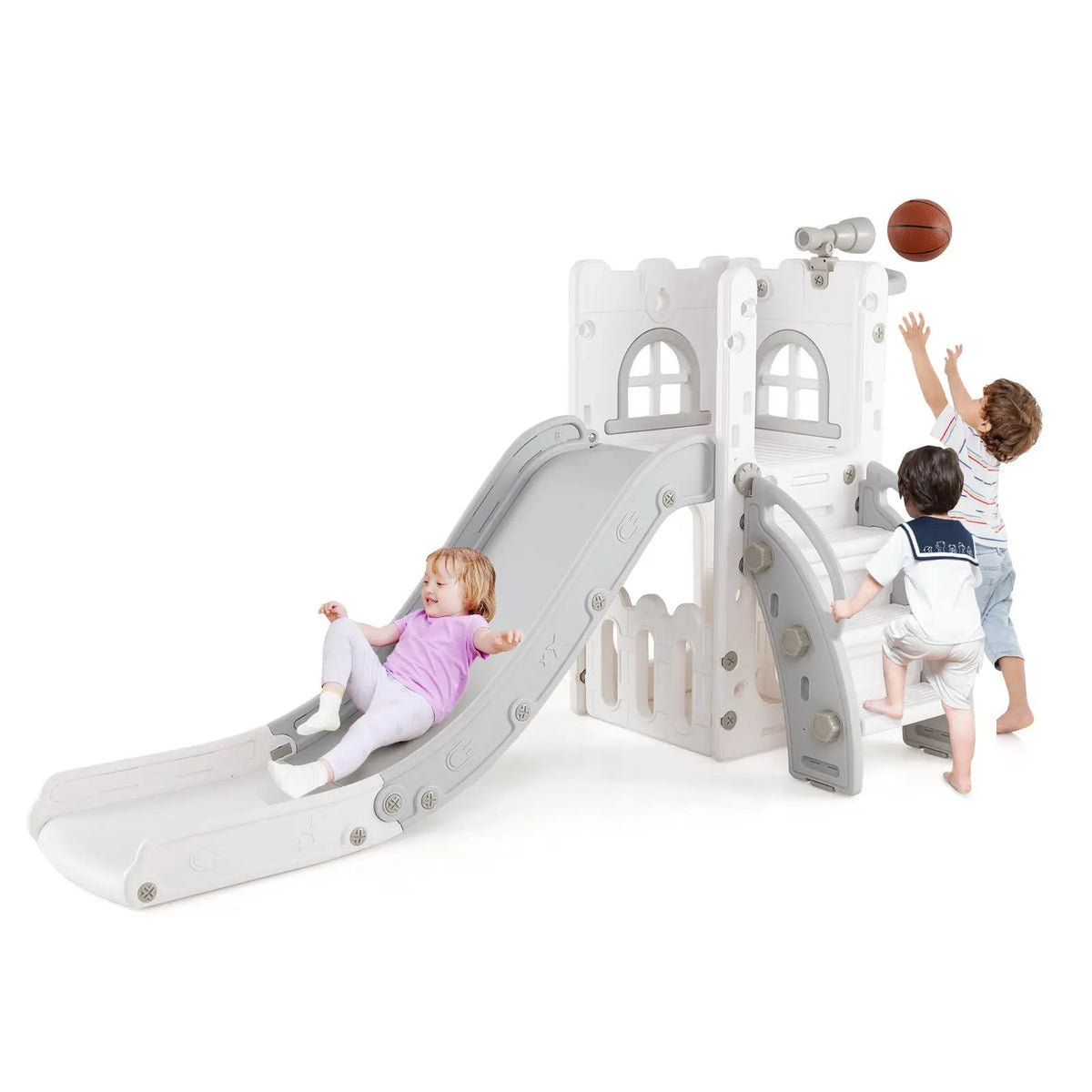 6-in-1 Toddler Slide L-shaped Playground with Basketball Hoop and Ladder by DirectDeals