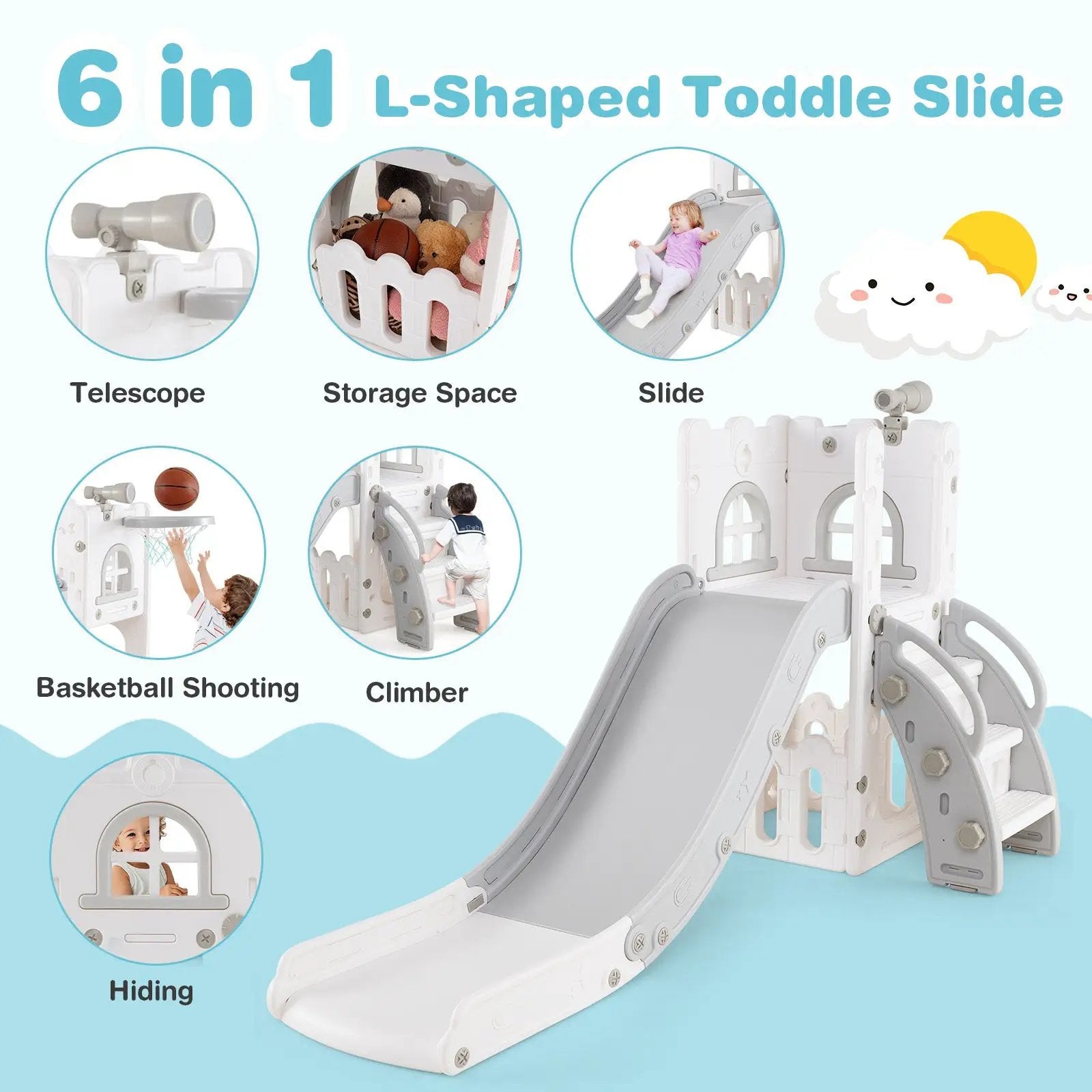 6-in-1 Toddler Slide L-shaped Playground with Basketball Hoop and Ladder by DirectDeals