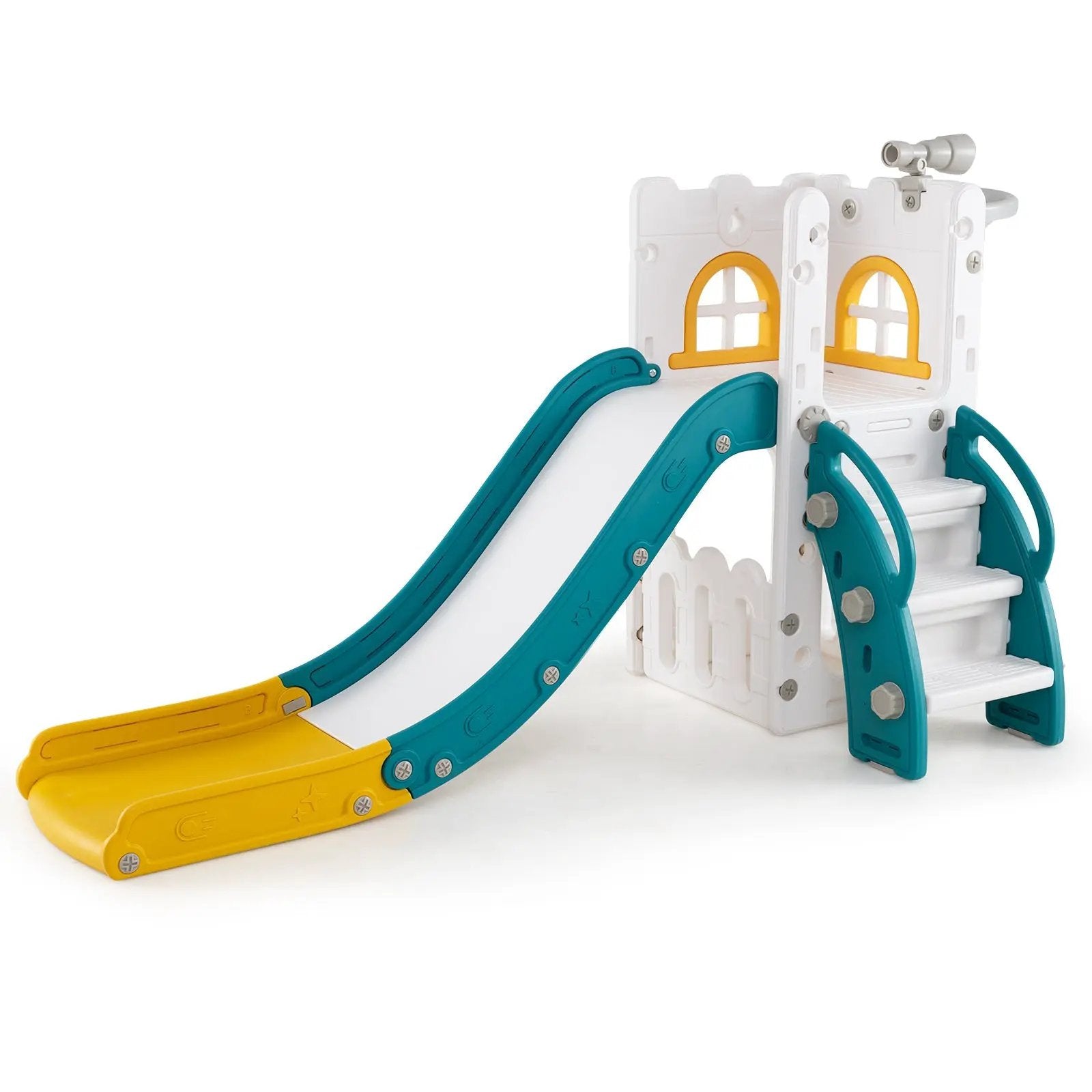 6-in-1 Toddler Slide L-shaped Playground with Basketball Hoop and Ladder by DirectDeals