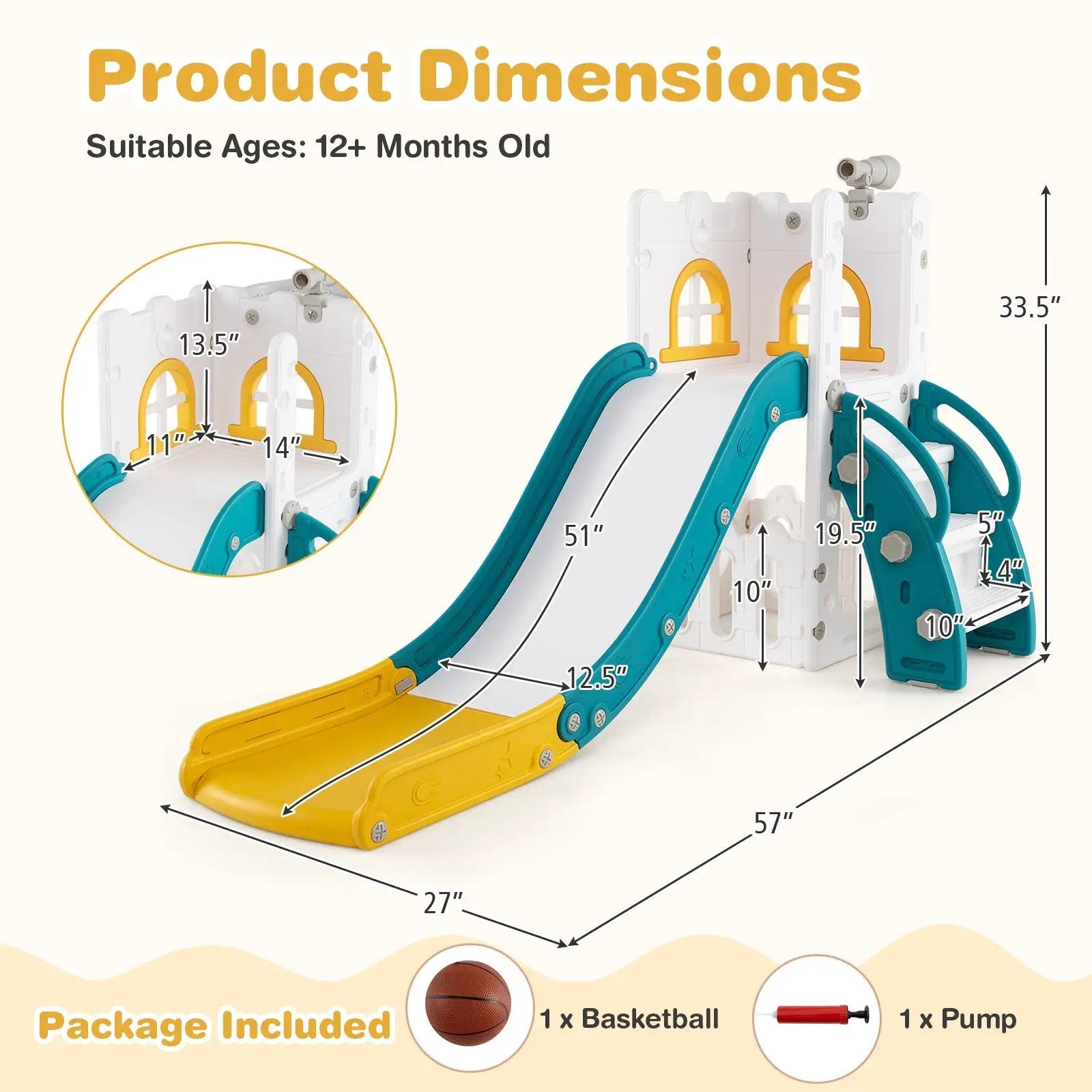 6-in-1 Toddler Slide L-shaped Playground with Basketball Hoop and Ladder by DirectDeals