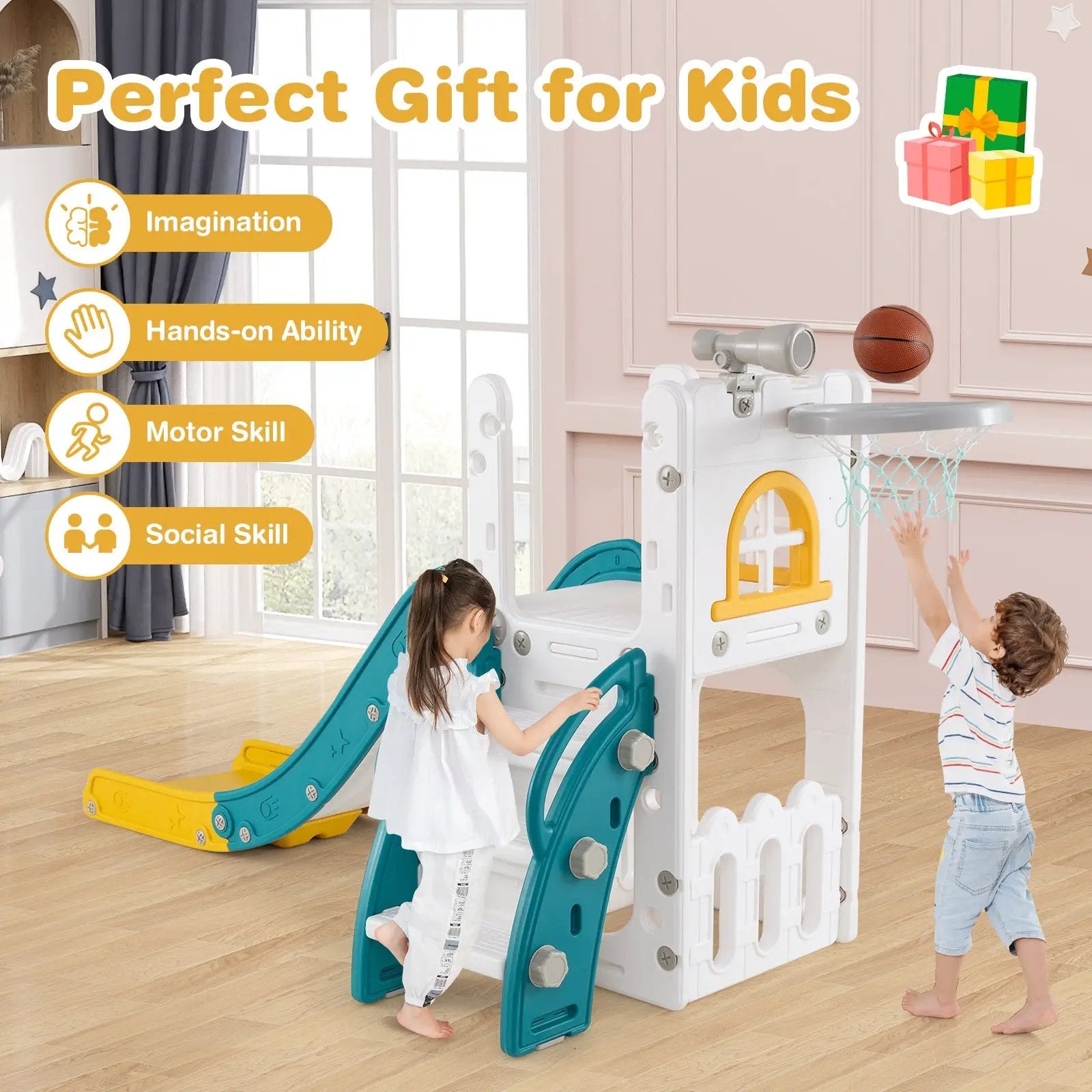 6-in-1 Toddler Slide L-shaped Playground with Basketball Hoop and Ladder by DirectDeals
