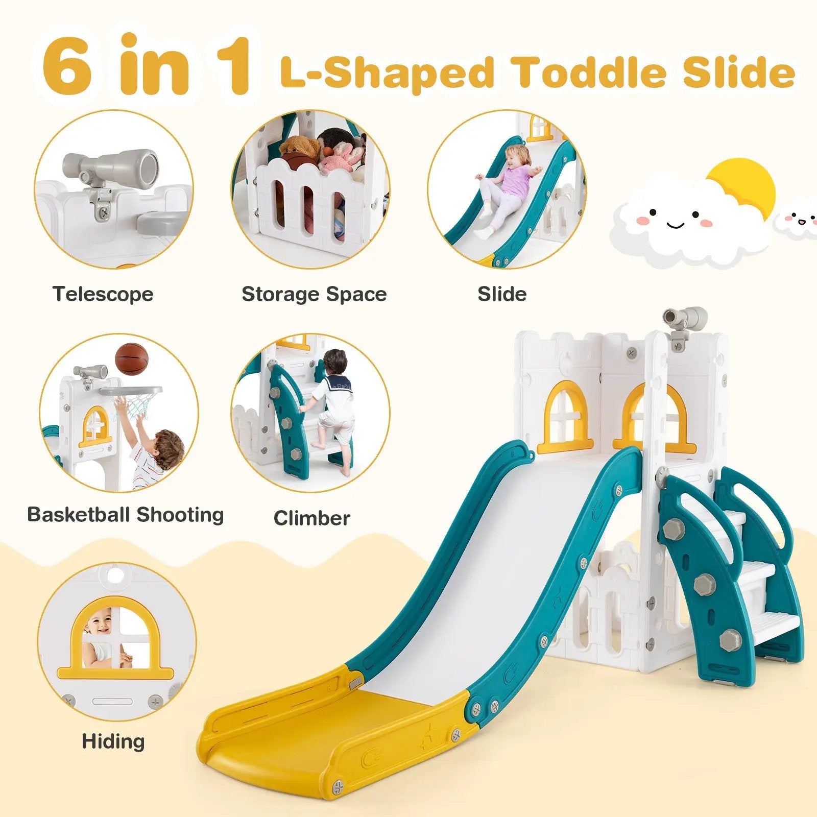 6-in-1 Toddler Slide L-shaped Playground with Basketball Hoop and Ladder by DirectDeals